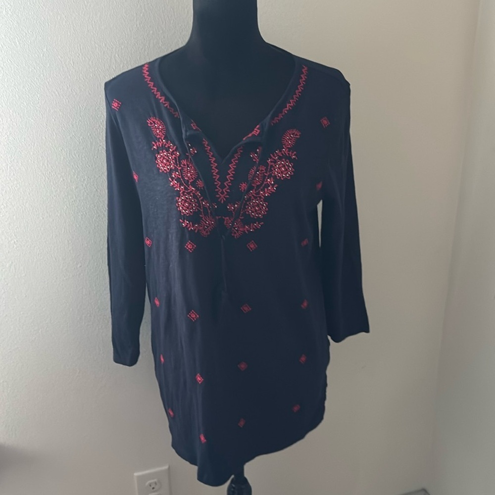 Talbots‎ Sz M 100% cotton embroidered split collar top tunic blue red blouse
